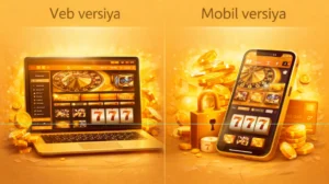 Pin Up kazino platforması sarı tonlarda slot oyunları və mobil tətbiq təsviri