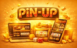 Pin Up kazino platforması sarı tonlarda slot oyunları və mobil tətbiq təsviri