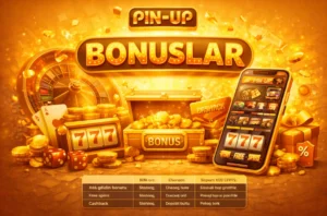 Pin Up bonusları qızılı tonlarda xoş gəldin bonusu free spins və cashback təsviri