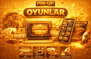 Pin Up oyunları slot canlı kazino və sürətli oyunlar qızılı tonlarda təsviri