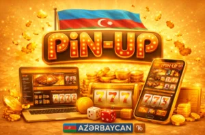 Qızılı üslubda Pin-Up kazino Azərbaycan mövzulu banner, telefon, slot və fişlərlə